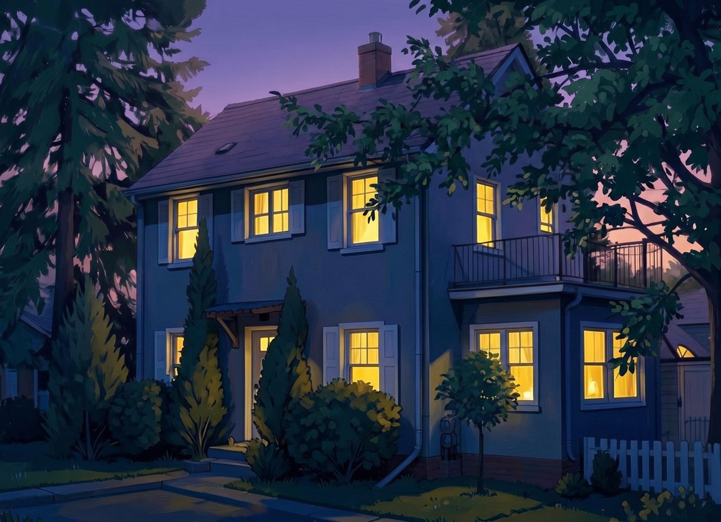 An illustrated painting of the house and front yard at 5623 Pillsbury Avenue at dusk on a summer evening, every window glowing warm yellow.